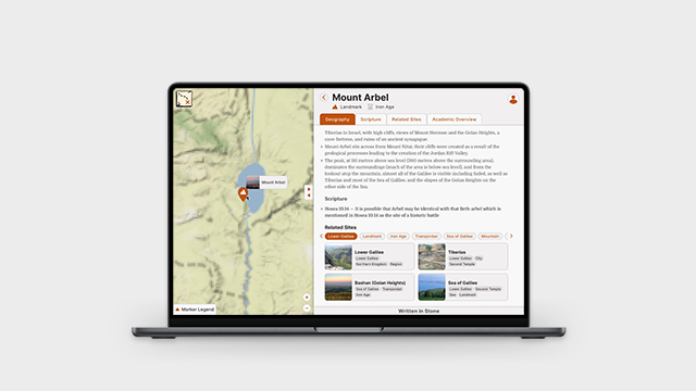 Written in Stone App - Full-stack capstone, interactive web app surfacing biblical geography and historical context through map-based exploration, built in Vue with Leaflet